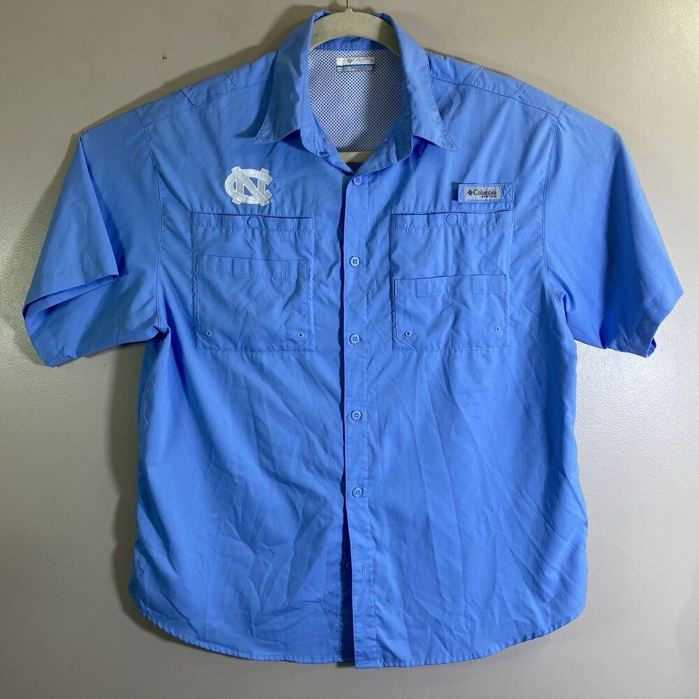 Columbia Shirt Mens Large  Fishing PFG UNC Tar Heels Logo UPF 40 Omni-Shade Blue